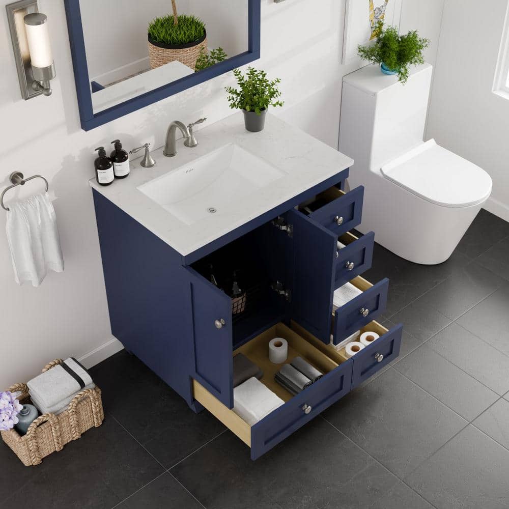 Eviva Acclaim 30 in. W x 22 in. D x 34 in. H Blue Bathroom Vanity with White Carrara Marble Top and White Undermount Sink