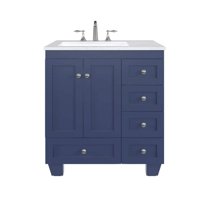 Eviva Acclaim 30 in. W x 22 in. D x 34 in. H Single Sink Freestanding Bath Vanity in Blue with White Carrara Quartz Top