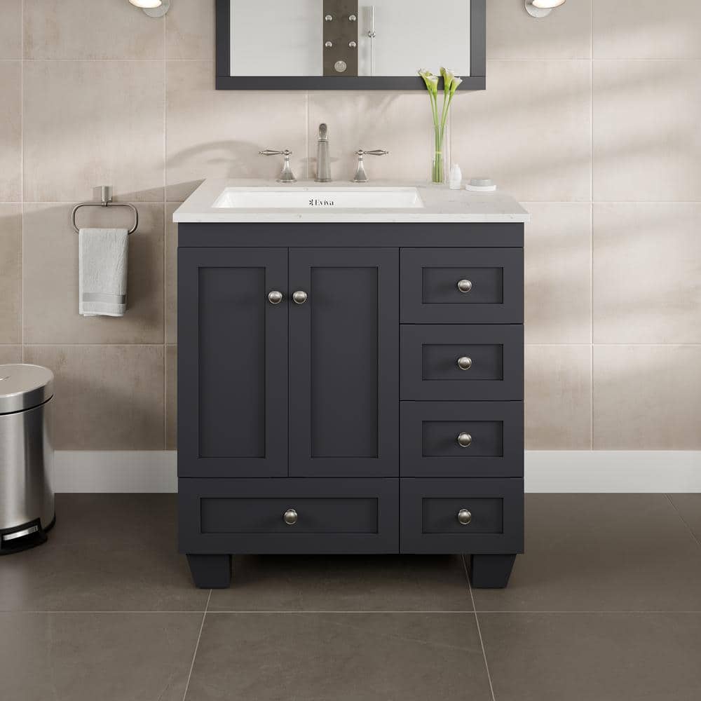 Eviva Acclaim 30 in. W x 22 in. D x 34 in. H Single Sink Freestanding Bath Vanity in Dark Gray with White Carrara Quartz Top