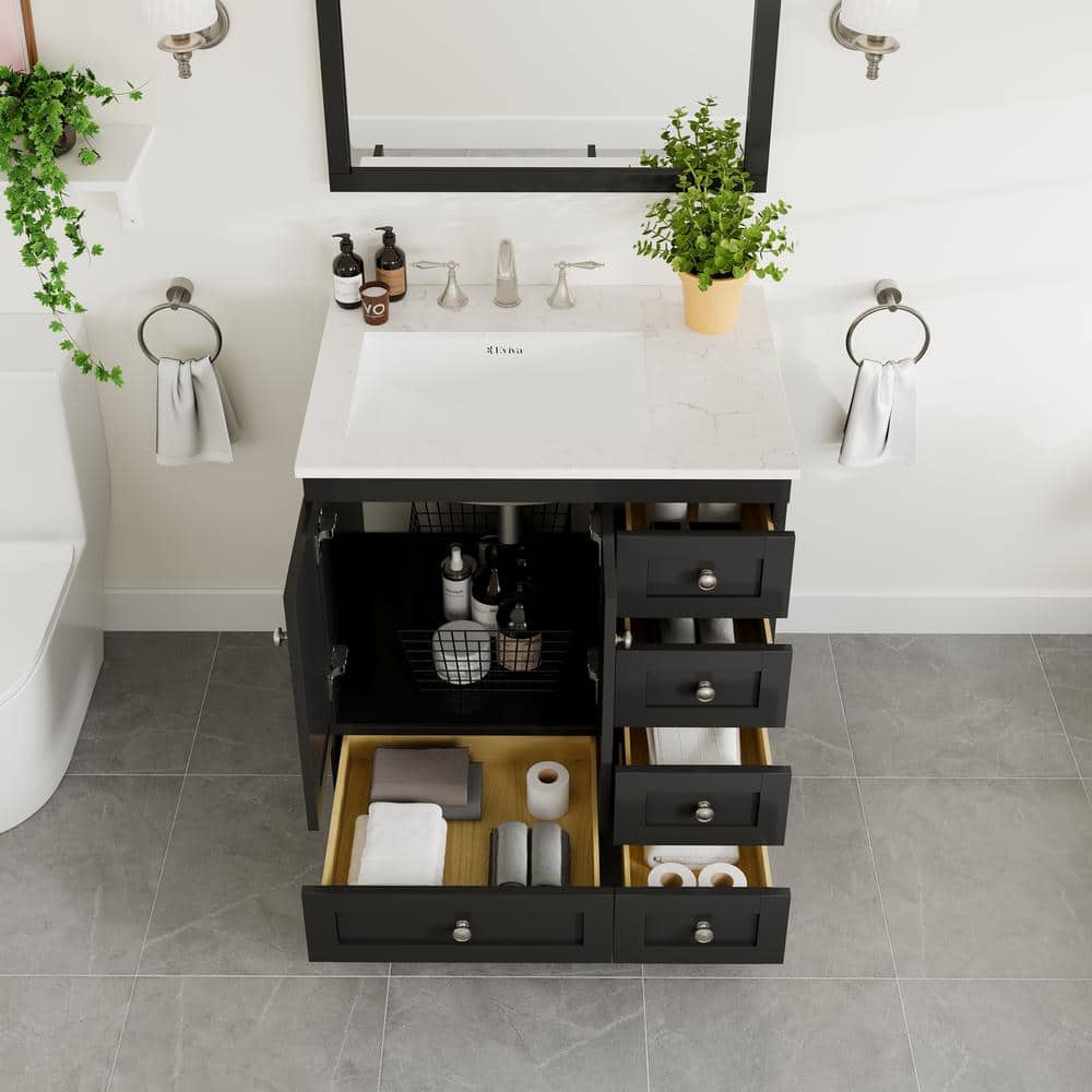 Eviva Acclaim 30 in. W x 22 in. D x 34 in. H Bath Vanity in Espresso with White Carrara Marble Top and White Sink