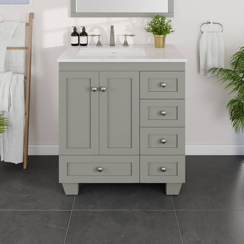 Eviva Acclaim 30 in. W x 22 in. D x 34 in. H Single Sink Transitional Bath Vanity in Gray with White Carrara Quartz Top