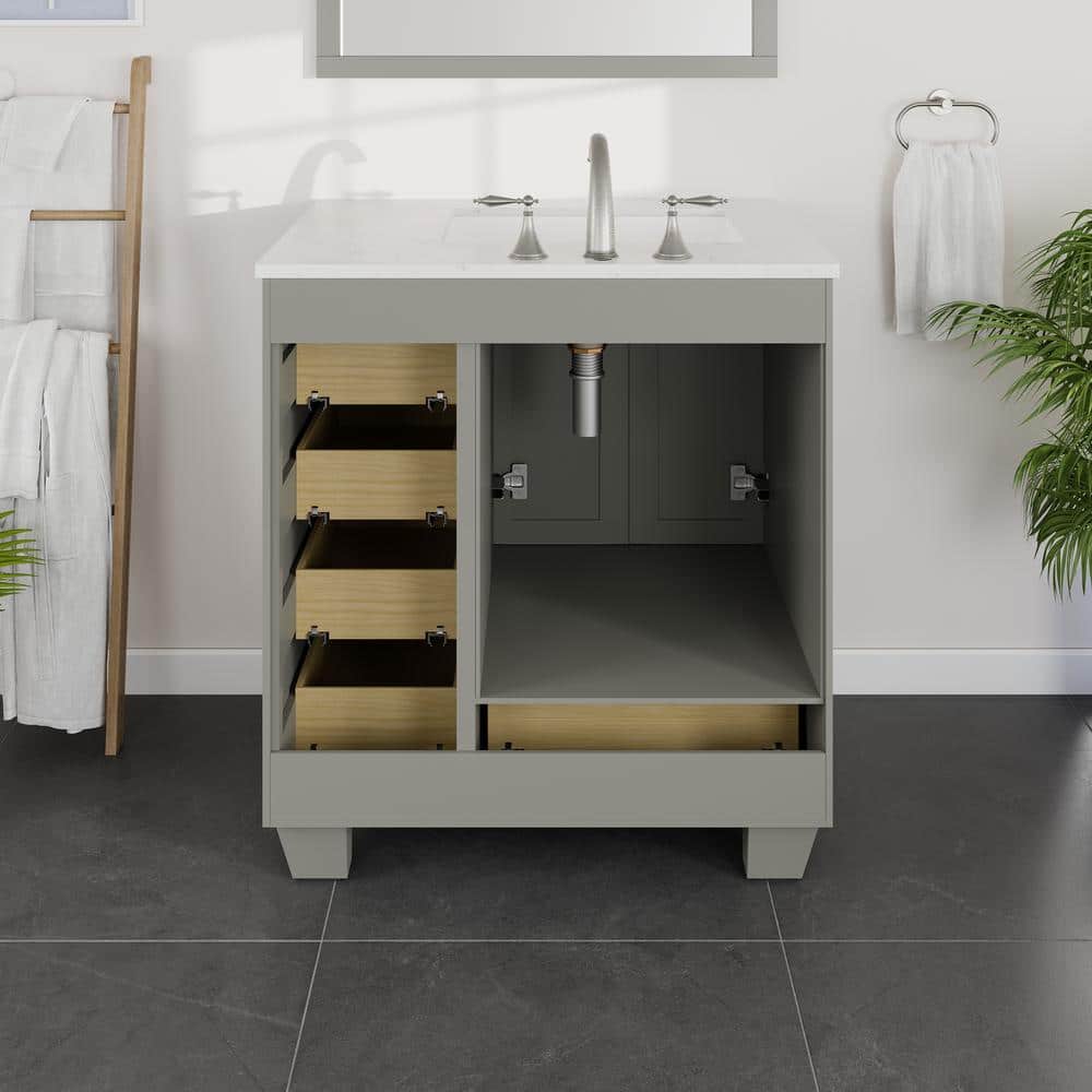 Eviva Acclaim 30 in. W x 22 in. D x 34 in. H Single Sink Transitional Bath Vanity in Gray with White Carrara Quartz Top