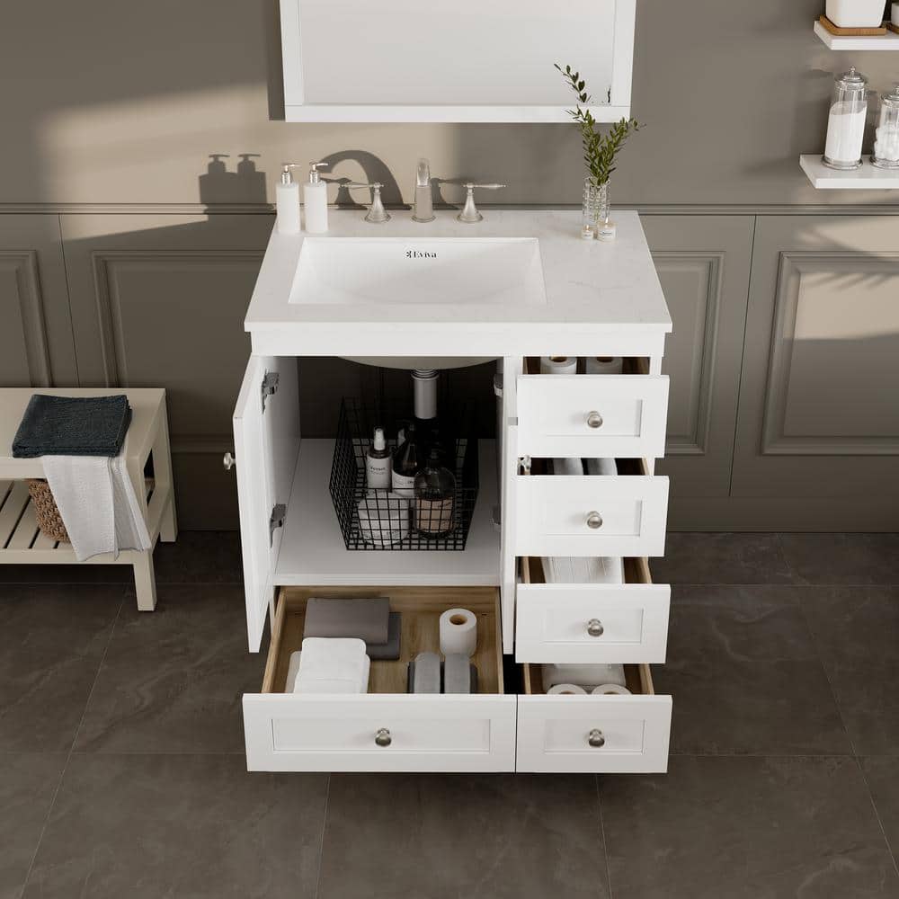 Eviva Acclaim 30 in. W x 22 in. D x 33.8 in. H Single Sink Freestanding Bath Vanity in White with White Carrara Quartz Top