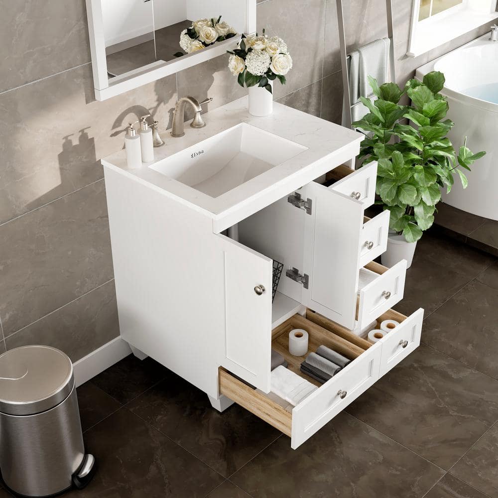 Eviva Acclaim 30 in. W x 22 in. D x 34 in. H White Bathroom Vanity with Carrara Marble Top and White Undermount Sink