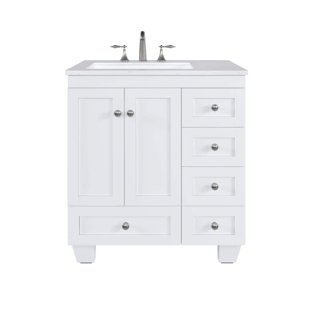 Eviva Acclaim 30 in. W x 22 in. D x 33.8 in. H Single Sink Freestanding Bath Vanity in White with White Carrara Quartz Top