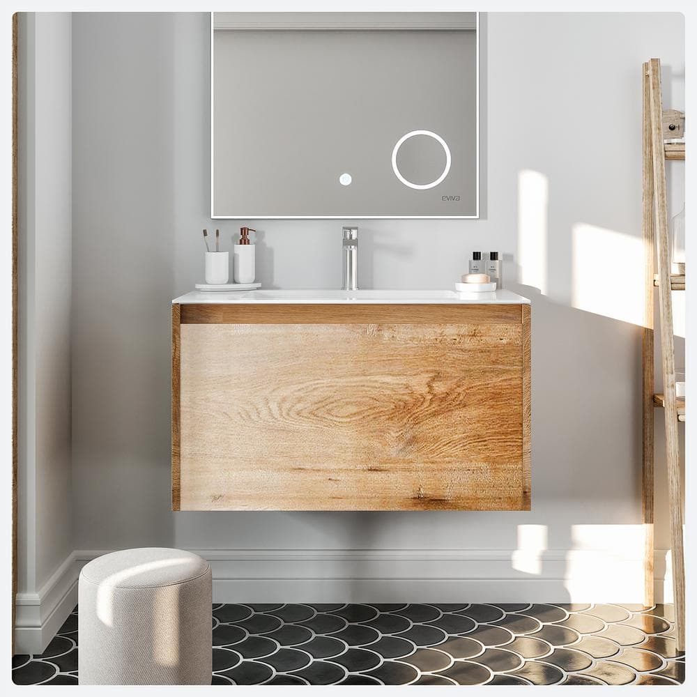 Eviva Madeira 36 in. W x 18 in. D x 18 in. H Single Bathroom Vanity in Oak with White Acrylic Top and White Integrated Sink