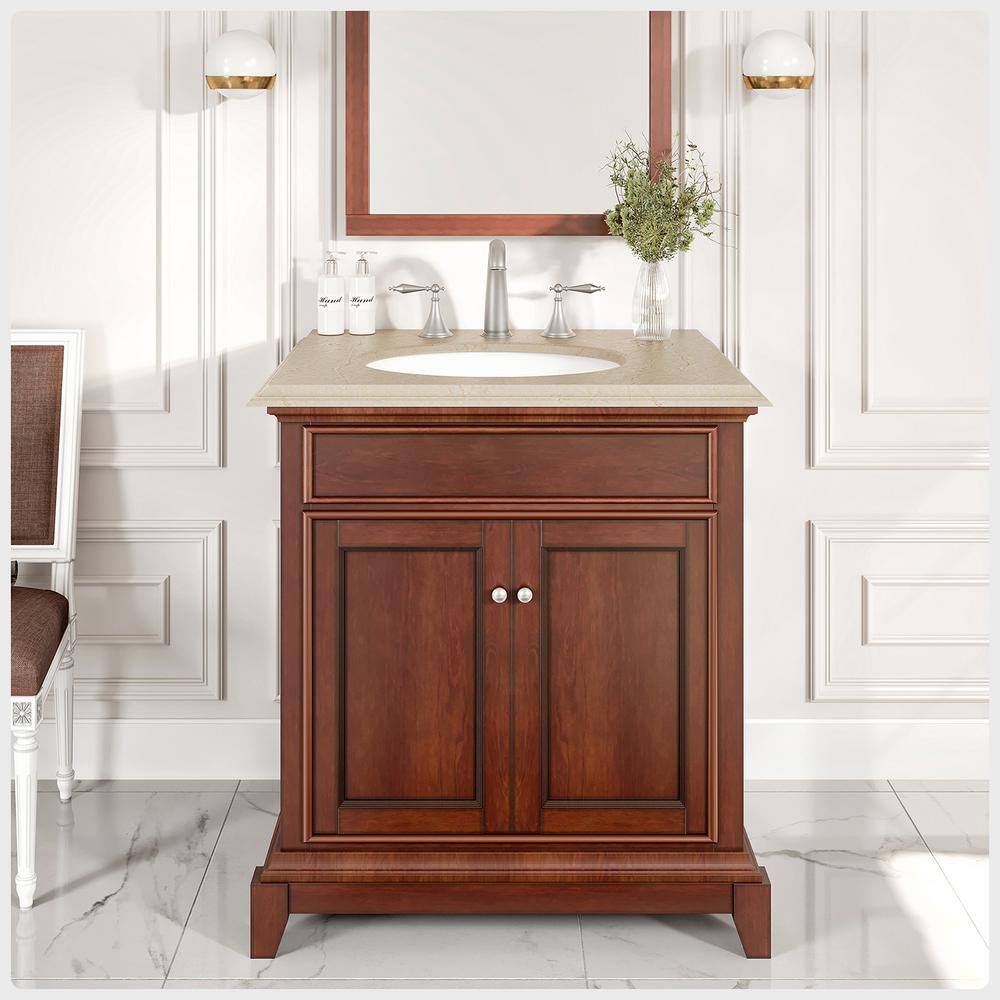 Eviva Elite Princeton 30 in. W x 23.5 in. D x 33.7 in. H Single-Sink Freestanding Bath Vanity in Teak with Cream Marble Top