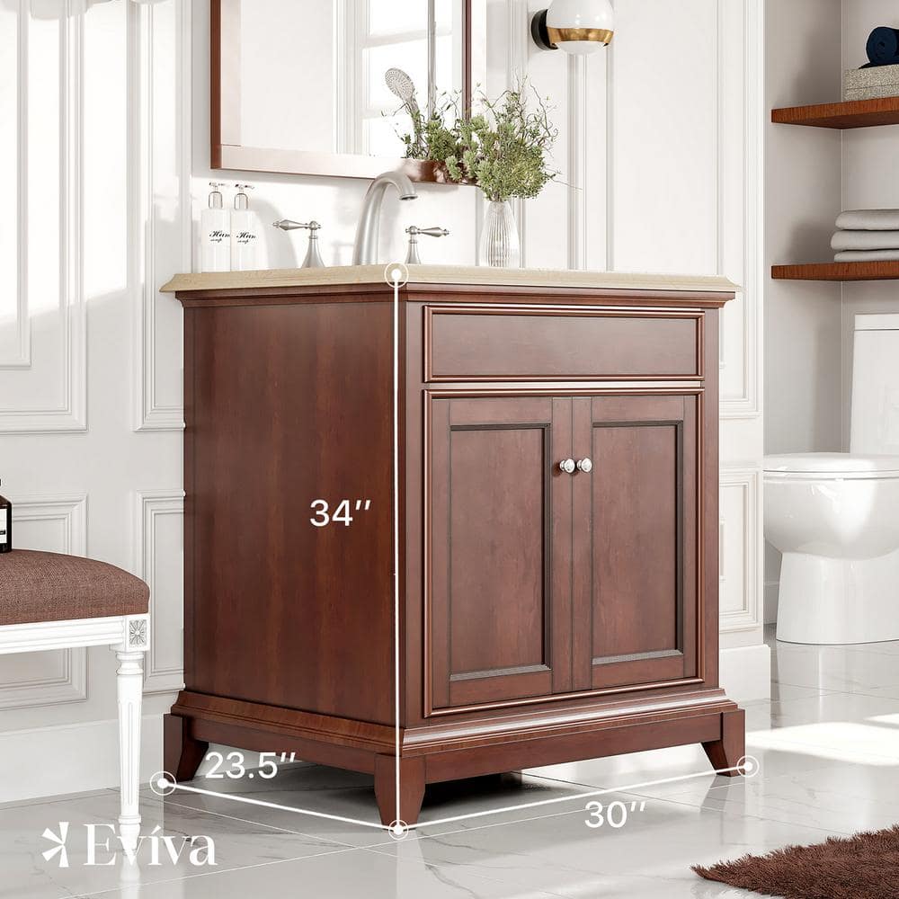 Eviva Elite Princeton 30 in. W x 23.5 in. D x 33.7 in. H Single-Sink Freestanding Bath Vanity in Teak with Cream Marble Top