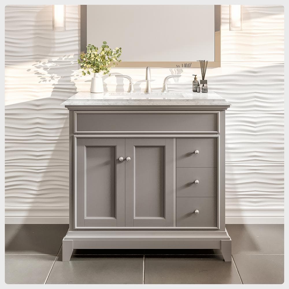 Elite Princeton 36 in. W x 24 in. D x 34 in. H Bath Vanity in Gray with White Carrera Marble Top with White Sink