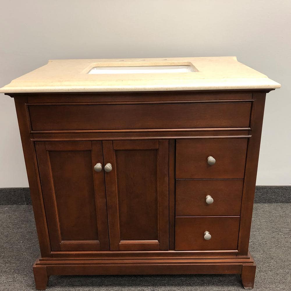 Eviva Elite Princeton 36 in. W x 23.5 in. D x 33.75 in. H Freestanding Single Bath Vanity in Teak with Crema Marfil Marble Top