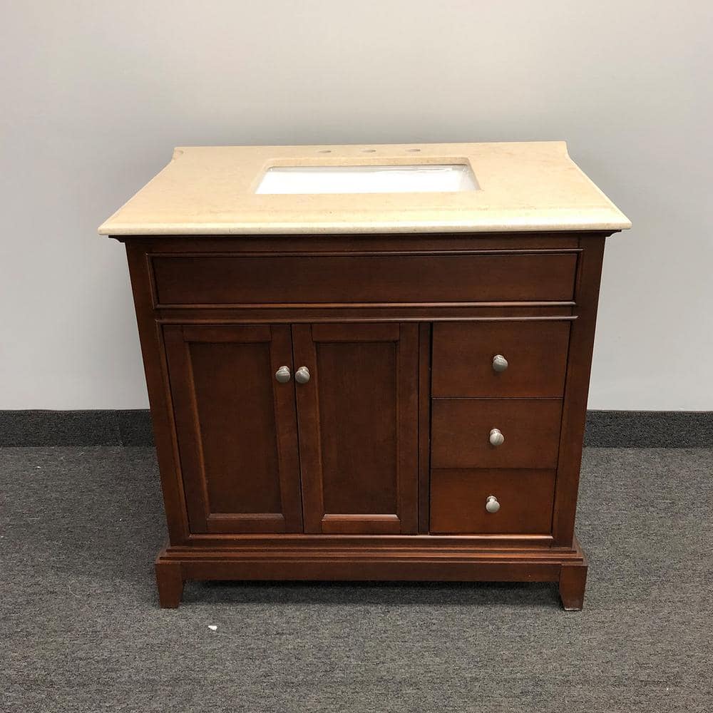 Eviva Elite Princeton 36 in. W x 23.5 in. D x 33.75 in. H Freestanding Single Bath Vanity in Teak with Crema Marfil Marble Top