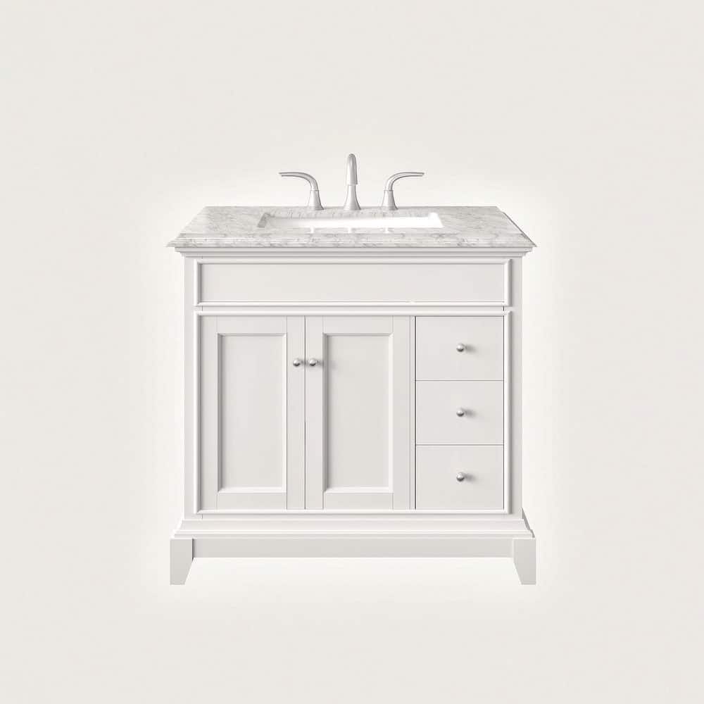 Elite Princeton 36 in. W x 24 in. D x 34 in. H Bath Vanity in White with White Carrara Marble Top with White Sink