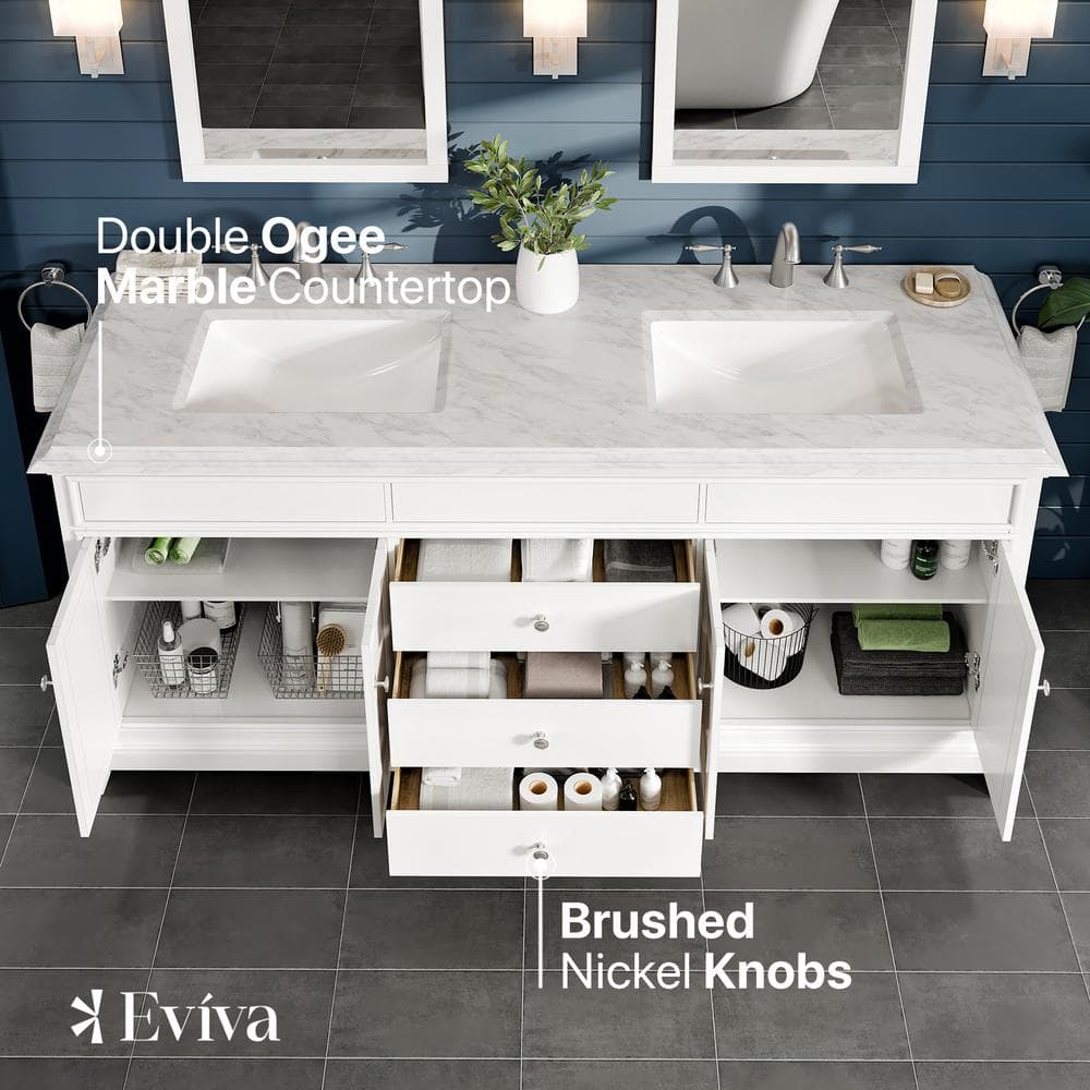 Elite Princeton 72 in. W X 24 in. D X 34 in. H Double Bath Vanity in White with White Carrara Marble Top