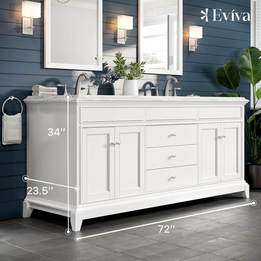 Elite Princeton 72 in. W X 24 in. D X 34 in. H Double Bath Vanity in White with White Carrara Marble Top