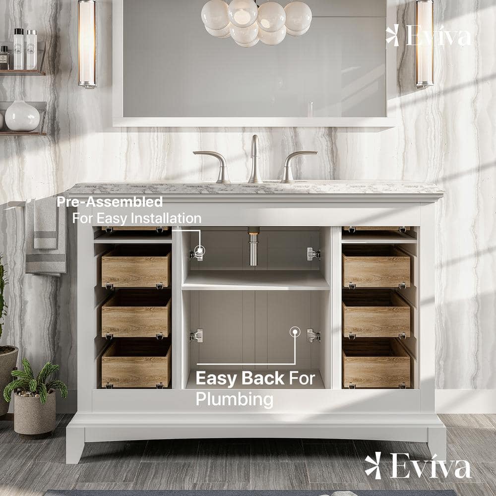 Eviva Elite Stamford 48 in. W x 22 in. D x 34 in. H Gray Bathroom Vanity with White Carrara Marble Top and White Undermount Sink