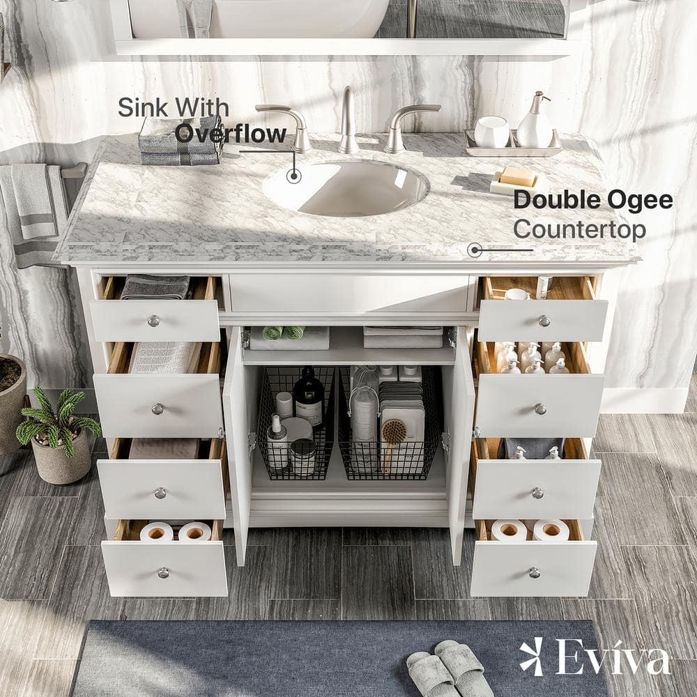 Eviva Elite Stamford 48 in. W x 22 in. D x 34 in. H Gray Bathroom Vanity with White Carrara Marble Top and White Undermount Sink