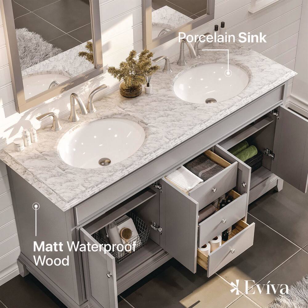Eviva Elite Stamford 60 in. W x 24 in. D x 36 in. H Double Bathroom Vanity in Gray with White Carrara Marble Top and White Undermount Sinks