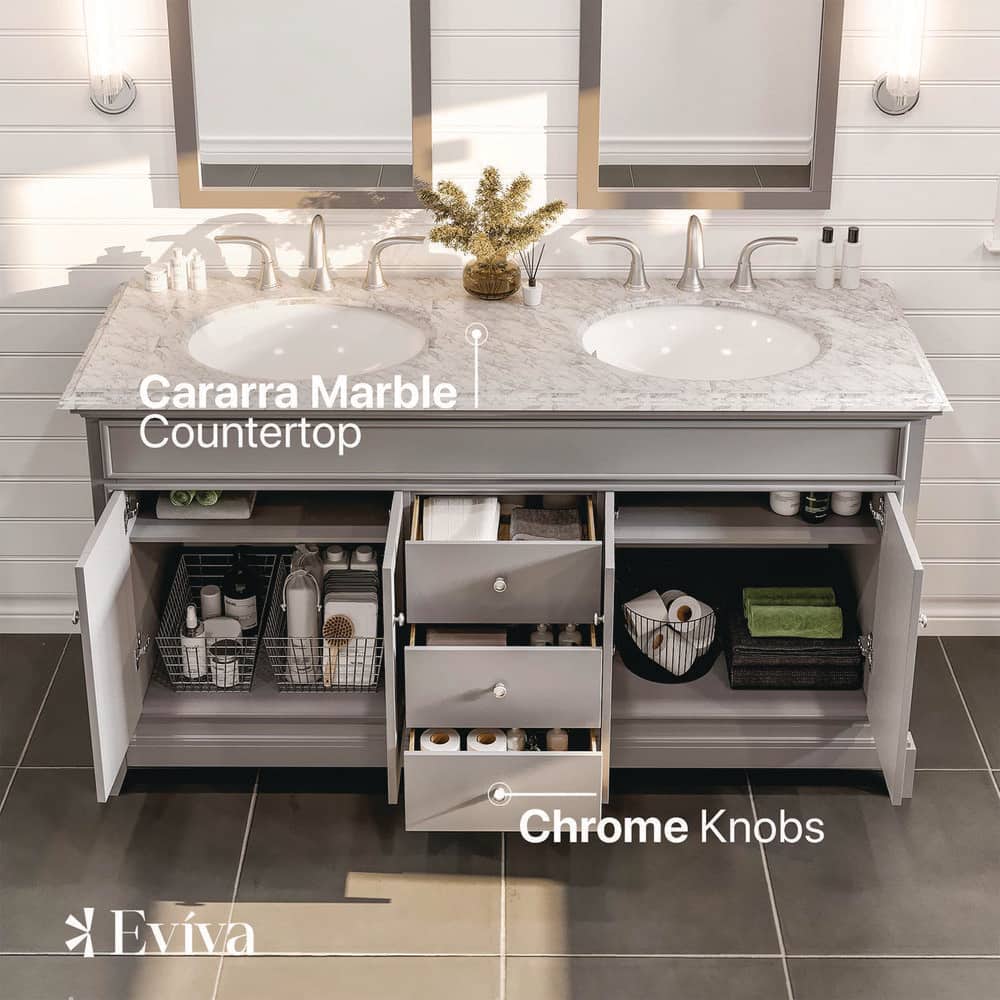 Eviva Elite Stamford 60 in. W x 24 in. D x 36 in. H Double Bathroom Vanity in Gray with White Carrara Marble Top and White Undermount Sinks