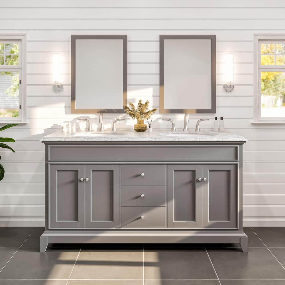 Eviva Elite Stamford 60 in. W x 24 in. D x 36 in. H Double Bathroom Vanity in Gray with White Carrara Marble Top and White Undermount Sinks