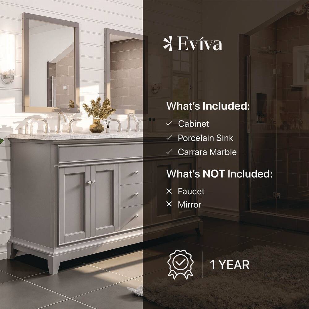 Eviva Elite Stamford 60 in. W x 24 in. D x 36 in. H Double Bathroom Vanity in Gray with White Carrara Marble Top and White Undermount Sinks