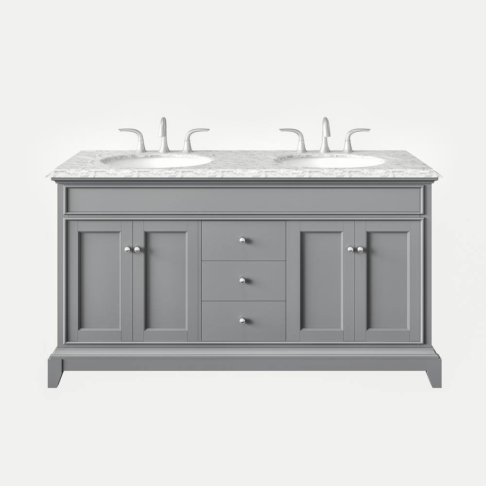 Eviva Elite Stamford 60 in. W x 24 in. D x 36 in. H Double Bathroom Vanity in Gray with White Carrara Marble Top and White Undermount Sinks