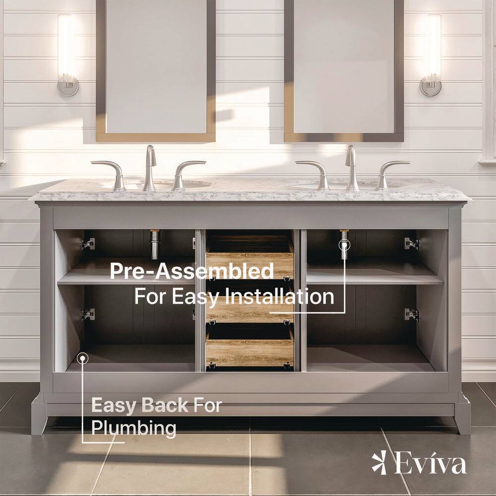 Eviva Elite Stamford 60 in. W x 24 in. D x 36 in. H Double Bathroom Vanity in Gray with White Carrara Marble Top and White Undermount Sinks