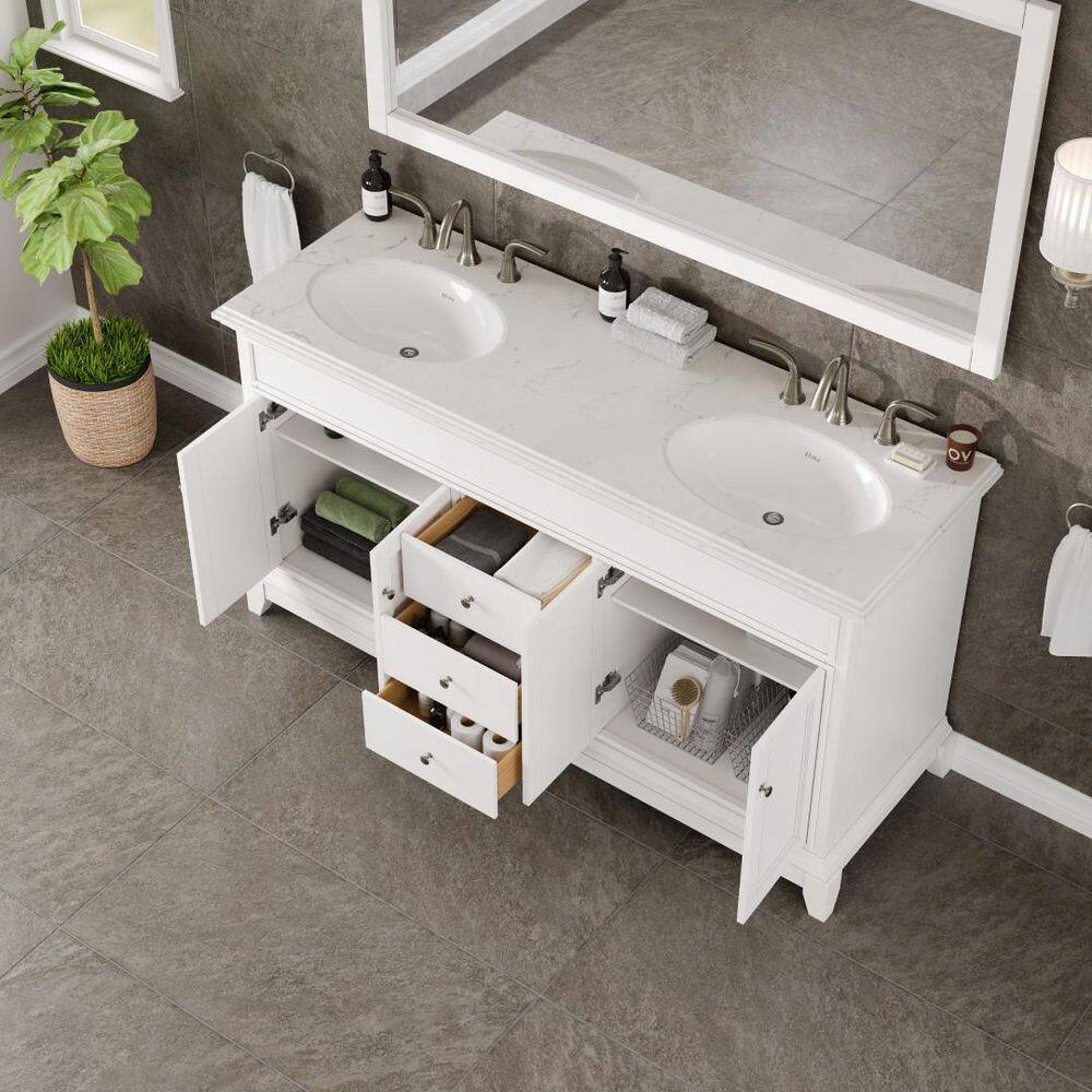 Eviva Elite Stamford 60 in. W x 24 in. D x 36 in. H Double Bath Vanity in White with White Carrara Marble Top and White Undermount Sinks