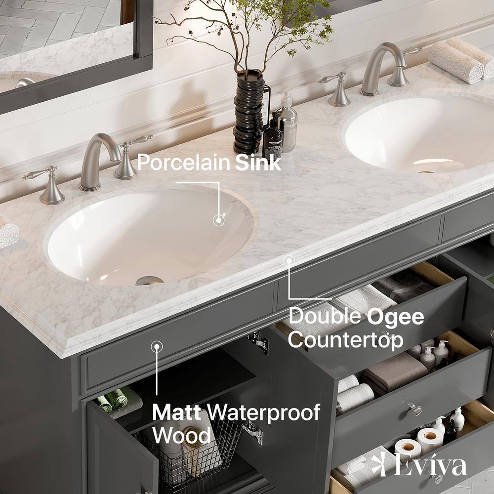 Eviva Elite Stamford 72 in. W x 24 in. D x 36 in. H Double Bathroom Vanity in Gray with White Carrara Marble Top and White Undermount Sinks