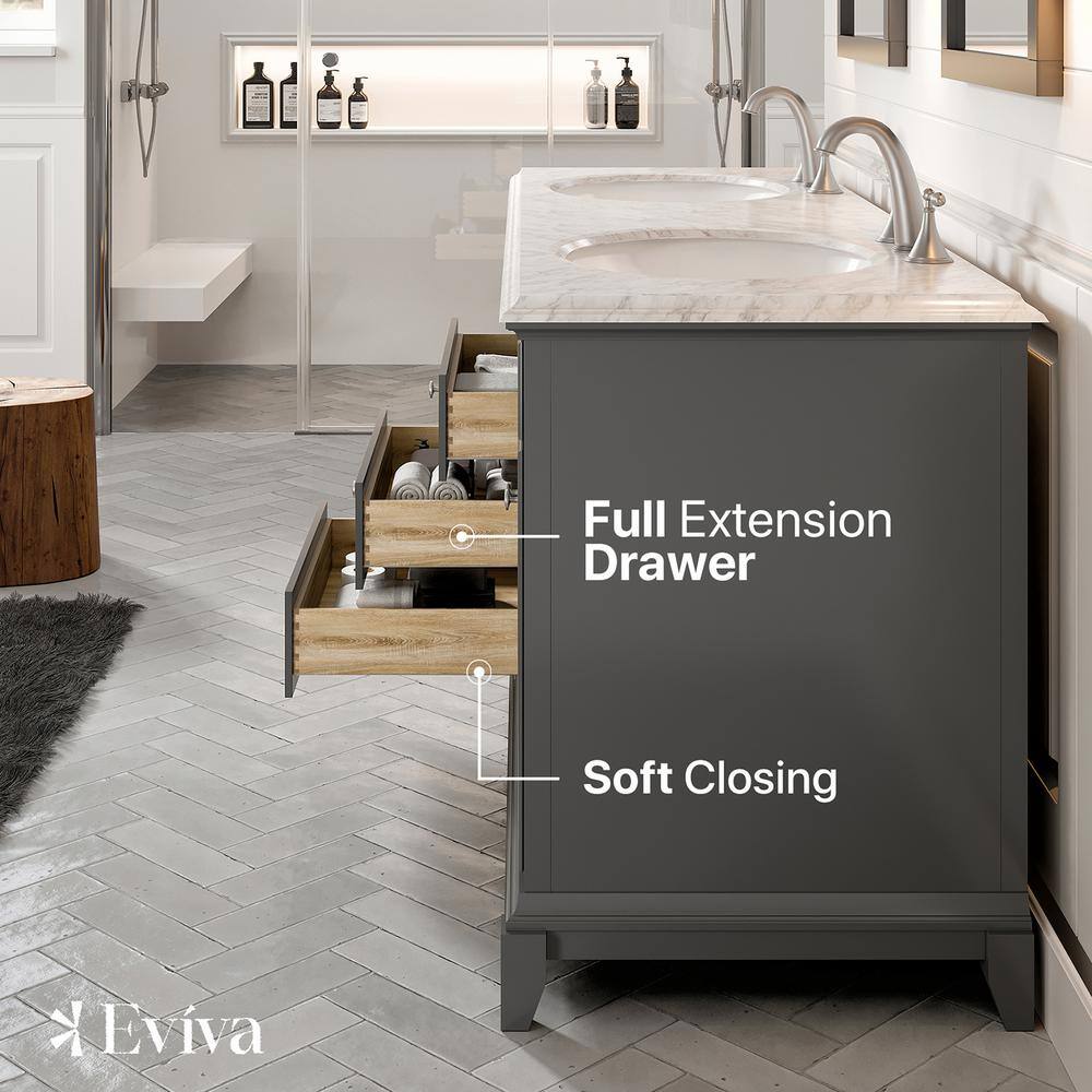 Eviva Elite Stamford 72 in. W x 24 in. D x 36 in. H Double Bathroom Vanity in Gray with White Carrara Marble Top and White Undermount Sinks