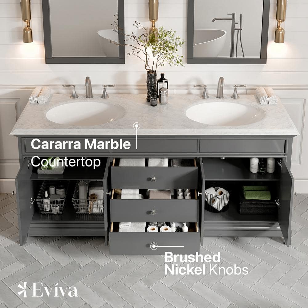 Eviva Elite Stamford 72 in. W x 24 in. D x 36 in. H Double Bathroom Vanity in Gray with White Carrara Marble Top and White Undermount Sinks