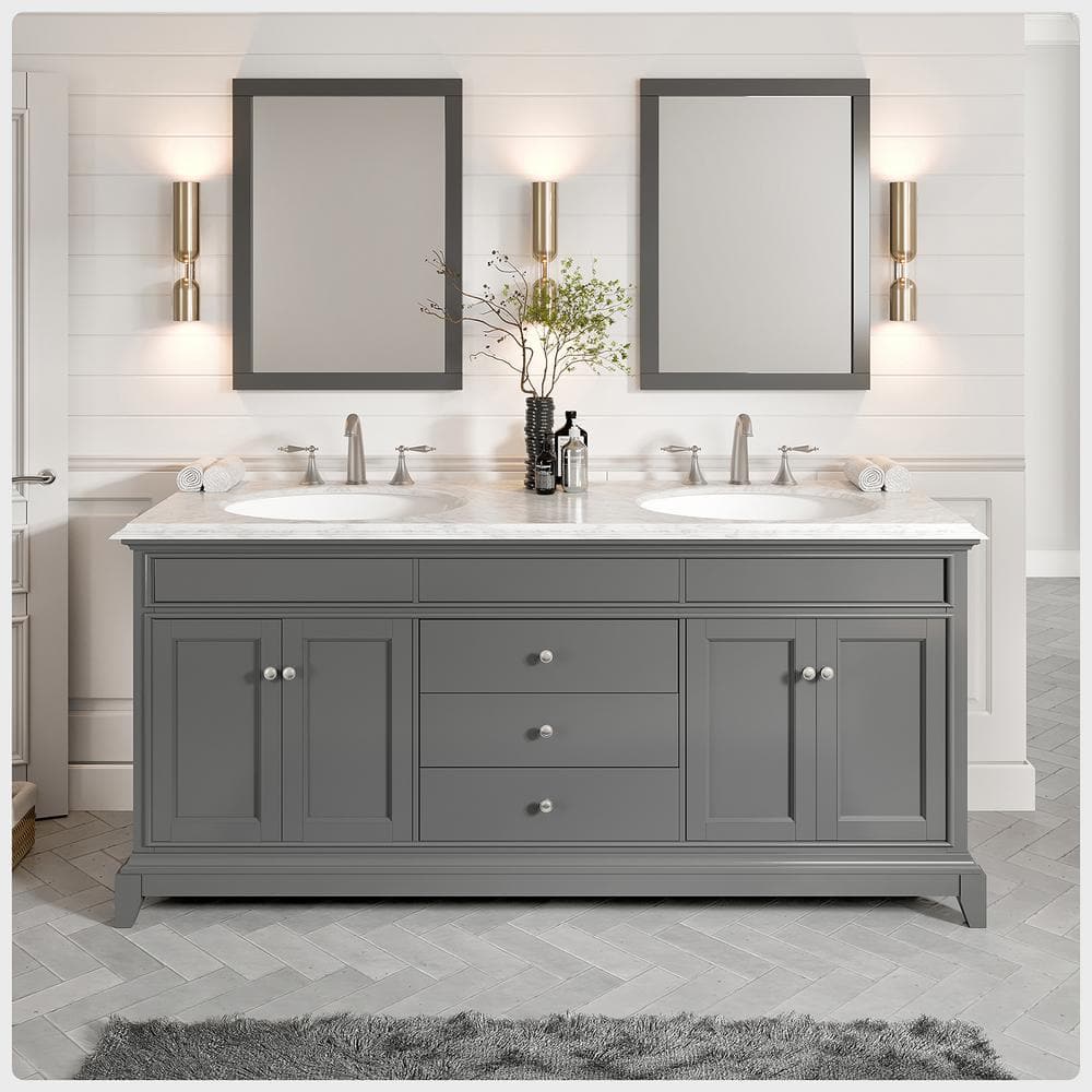 Eviva Elite Stamford 72 in. W x 24 in. D x 36 in. H Double Bathroom Vanity in Gray with White Carrara Marble Top and White Undermount Sinks