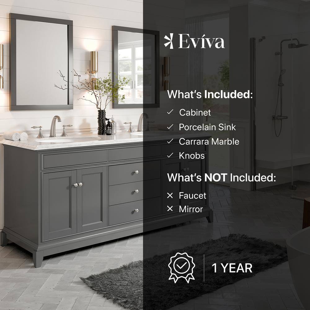 Eviva Elite Stamford 72 in. W x 24 in. D x 36 in. H Double Bathroom Vanity in Gray with White Carrara Marble Top and White Undermount Sinks