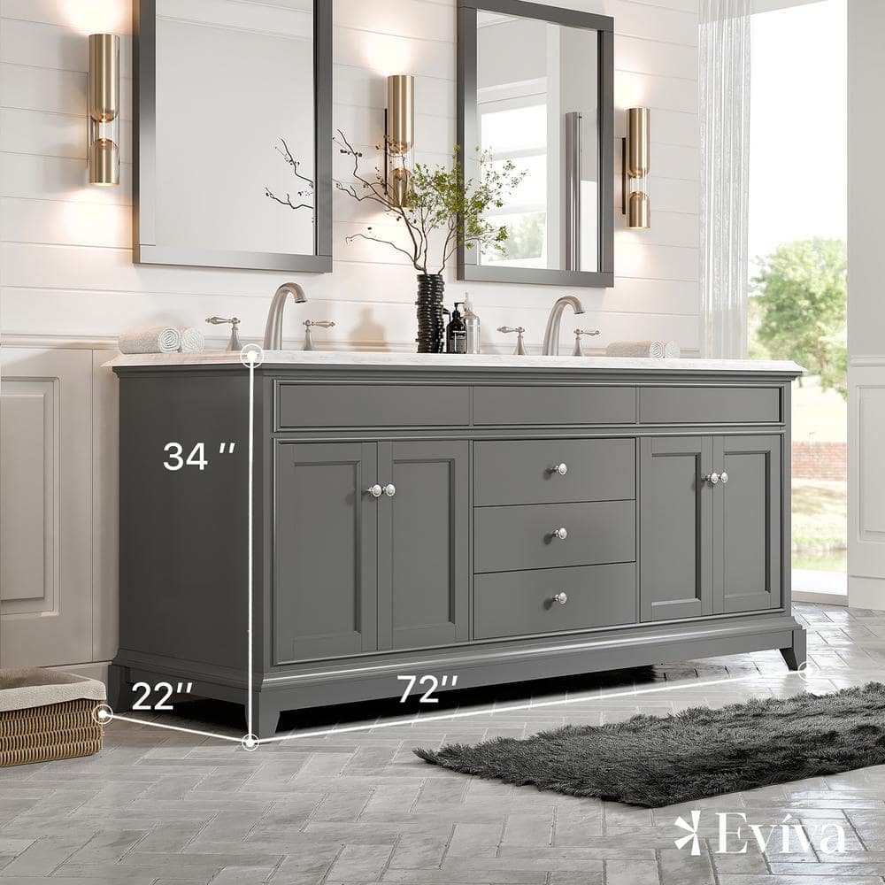 Eviva Elite Stamford 72 in. W x 24 in. D x 36 in. H Double Bathroom Vanity in Gray with White Carrara Marble Top and White Undermount Sinks