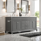 Eviva Elite Stamford 72 in. W x 24 in. D x 36 in. H Double Bathroom Vanity in Gray with White Carrara Marble Top and White Undermount Sinks