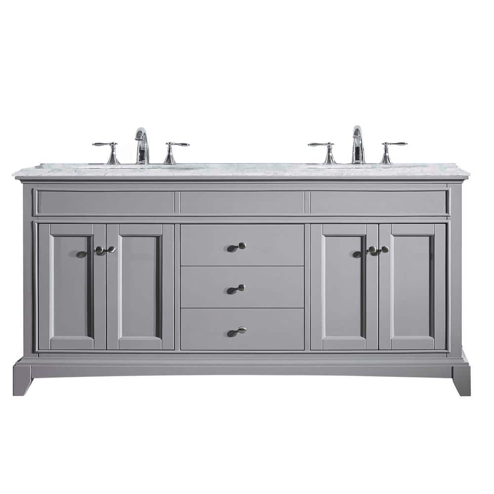 Eviva Elite Stamford 72 in. W x 24 in. D x 36 in. H Double Bathroom Vanity in Gray with White Carrara Marble Top and White Undermount Sinks