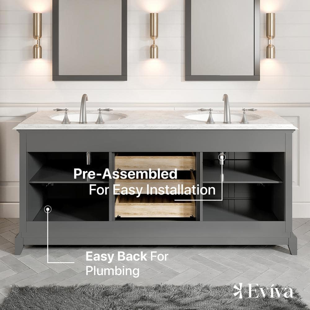 Eviva Elite Stamford 72 in. W x 24 in. D x 36 in. H Double Bathroom Vanity in Gray with White Carrara Marble Top and White Undermount Sinks