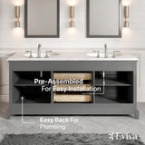 Eviva Elite Stamford 72 in. W x 24 in. D x 36 in. H Double Bathroom Vanity in Gray with White Carrara Marble Top and White Undermount Sinks