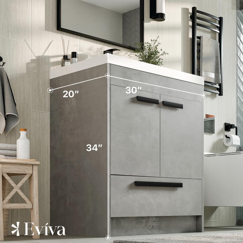 Eviva Lugano 30 in. W x 19 in. D x 36 in. H Single Bath Vanity in Cement Gray with White Acrylic Top and White Integrated Sink