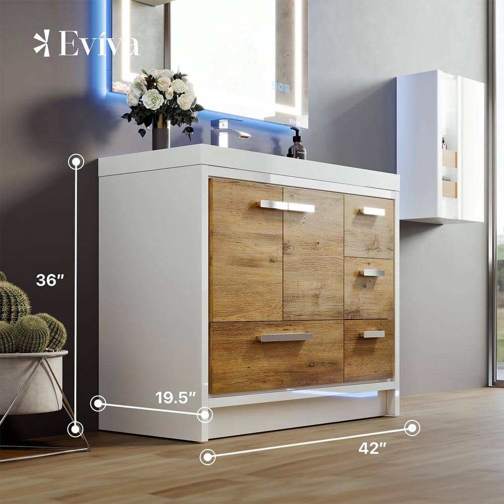 Eviva Grace 42 in. W x 20 in. D x 36 in. H Bathroom Vanity in Natural Oak with White Acrylic Top with White Sink