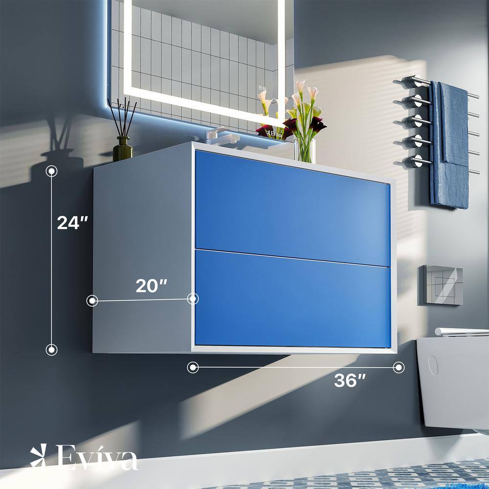 Vienna 36 in. W x 20 in. D x 22 in. H Floating Bathroom Vanity in Blue with White Acrylic Top weith White Sink
