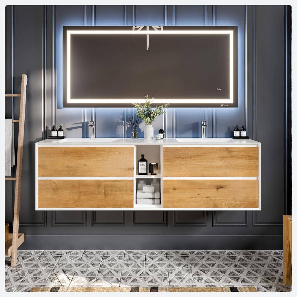 Vienna 75 in. W x 20.5 in. D x 22.5 in. H Floating Double Bathroom Vanity in Oak White with White Acrylic Top