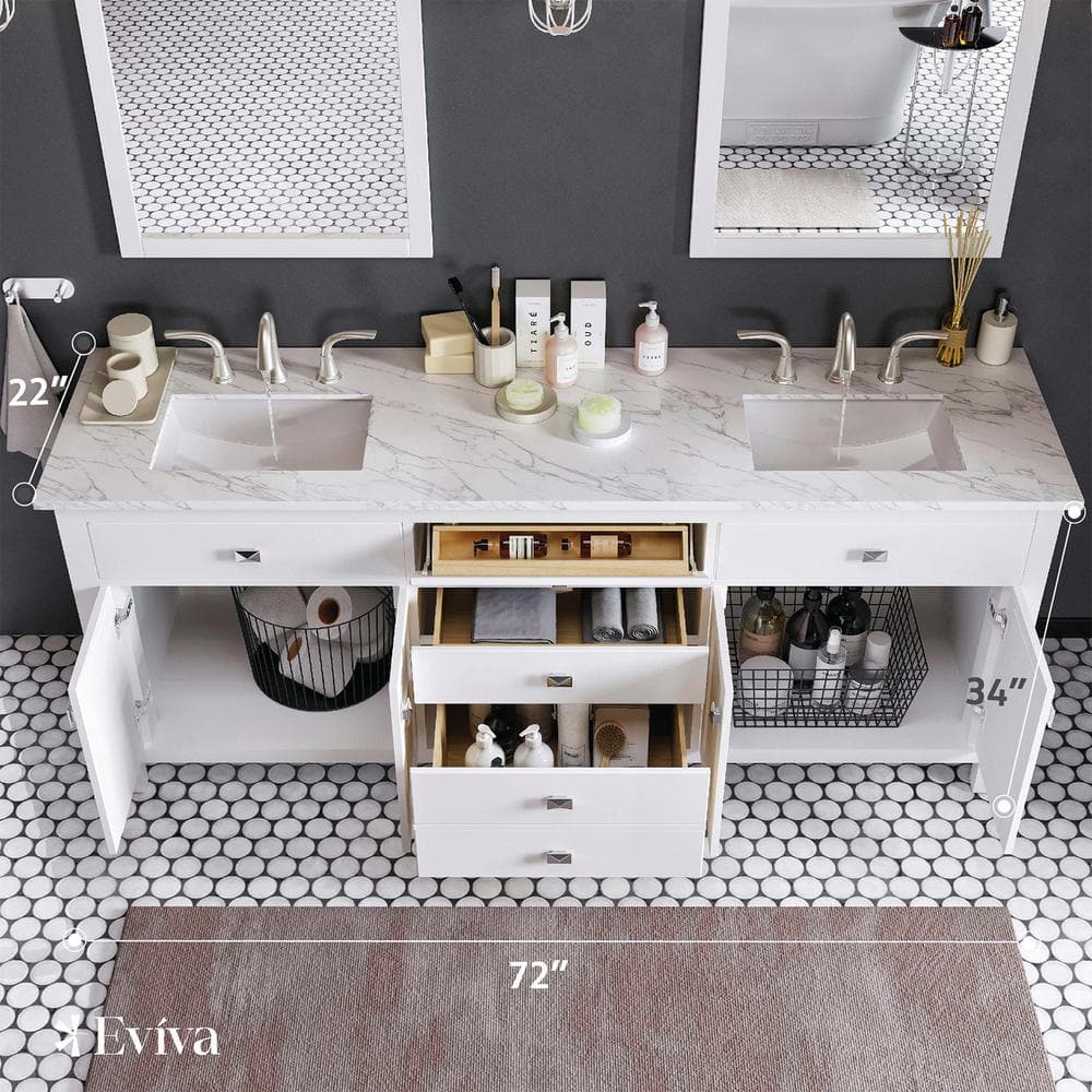 Eviva Artemis 72 in. W x 22 in. D x 34 in. H Double Bathroom Vanity in White with White Quartz Top and White Undermount Sinks