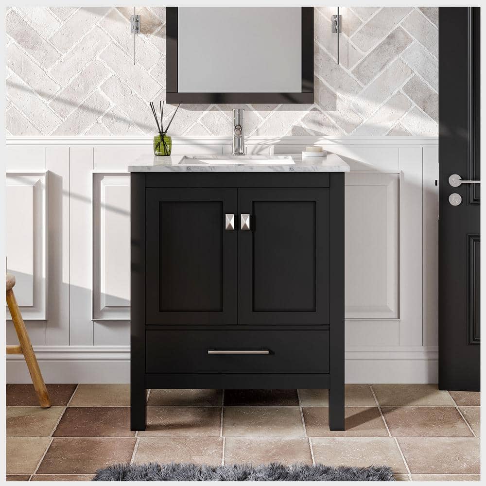 Eviva London 30 in. W x 18 in. D x 34 in. H Bathroom Vanity in Espresso with White Carrara Marble Top with White Sink