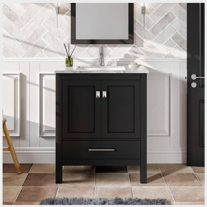 Eviva London 30 in. W x 18 in. D x 34 in. H Bathroom Vanity in Espresso with White Carrara Marble Top with White Sink