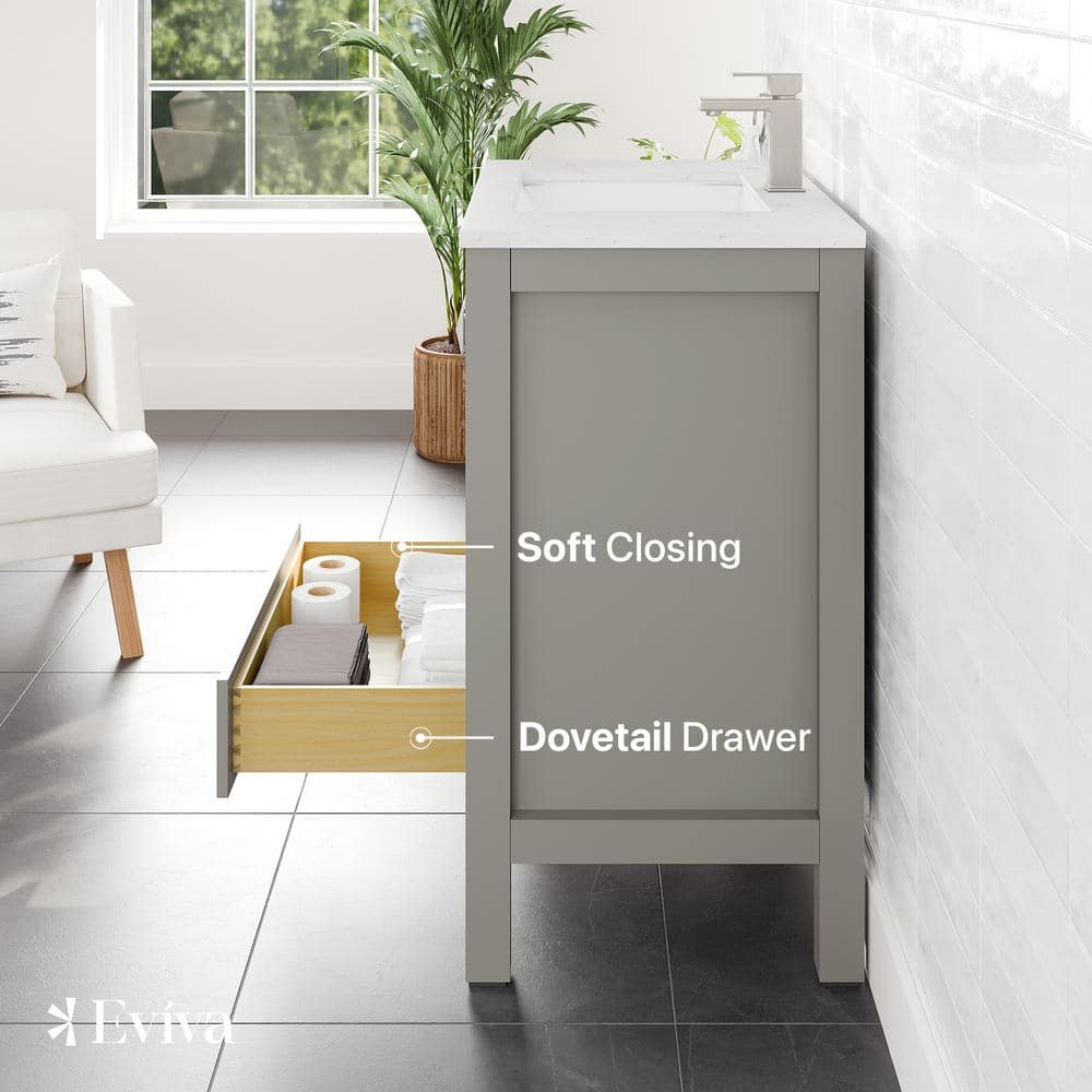 Eviva London 30 in. W x 18 in. D x 34 in. H Single Sink Freestanding Bath Vanity in Gray with White Carrara Quartz Top