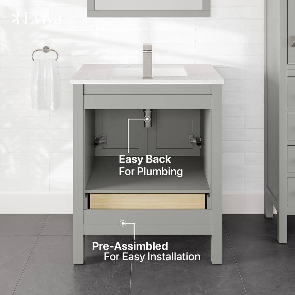 Eviva London 30 in. W x 18 in. D x 34 in. H Single Sink Freestanding Bath Vanity in Gray with White Carrara Quartz Top