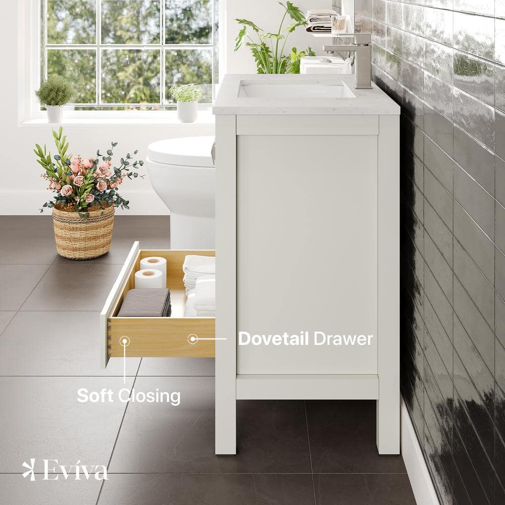 Eviva London 30 in. W x 18 in. D x 34 in. H Single Sink Freestanding Bath Vanity in White with White Carrara Quartz Top