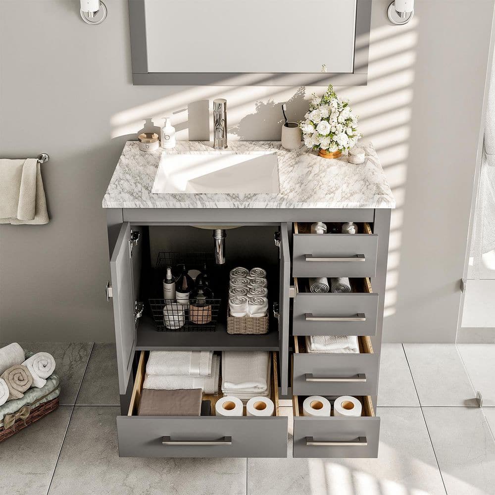 Eviva London 38 in. W x 18 in. D x 34 in. H Bathroom Vanity in Gray with White Carrara Marble Top and White Sink