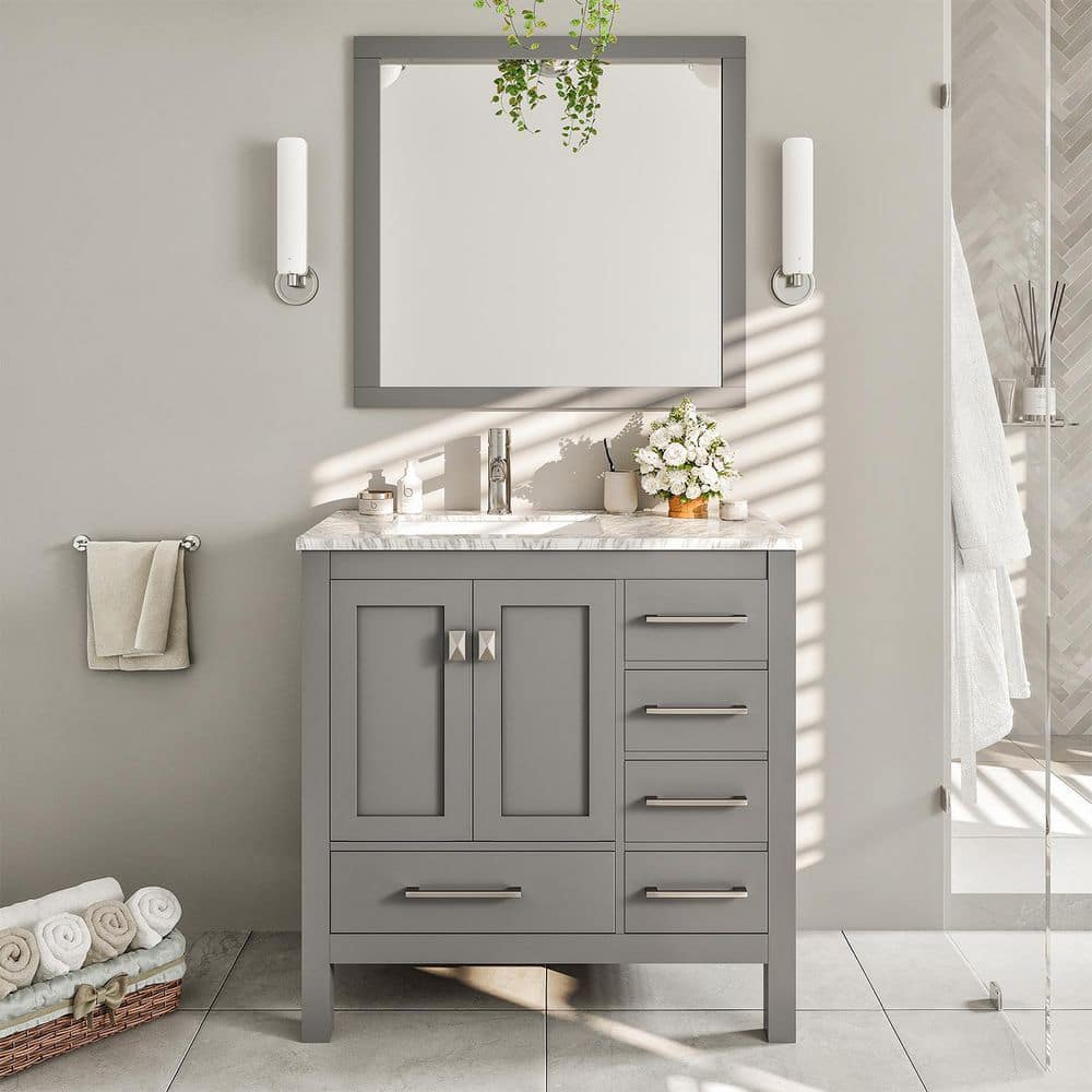 Eviva London 38 in. W x 18 in. D x 34 in. H Bathroom Vanity in Gray with White Carrara Marble Top and White Sink
