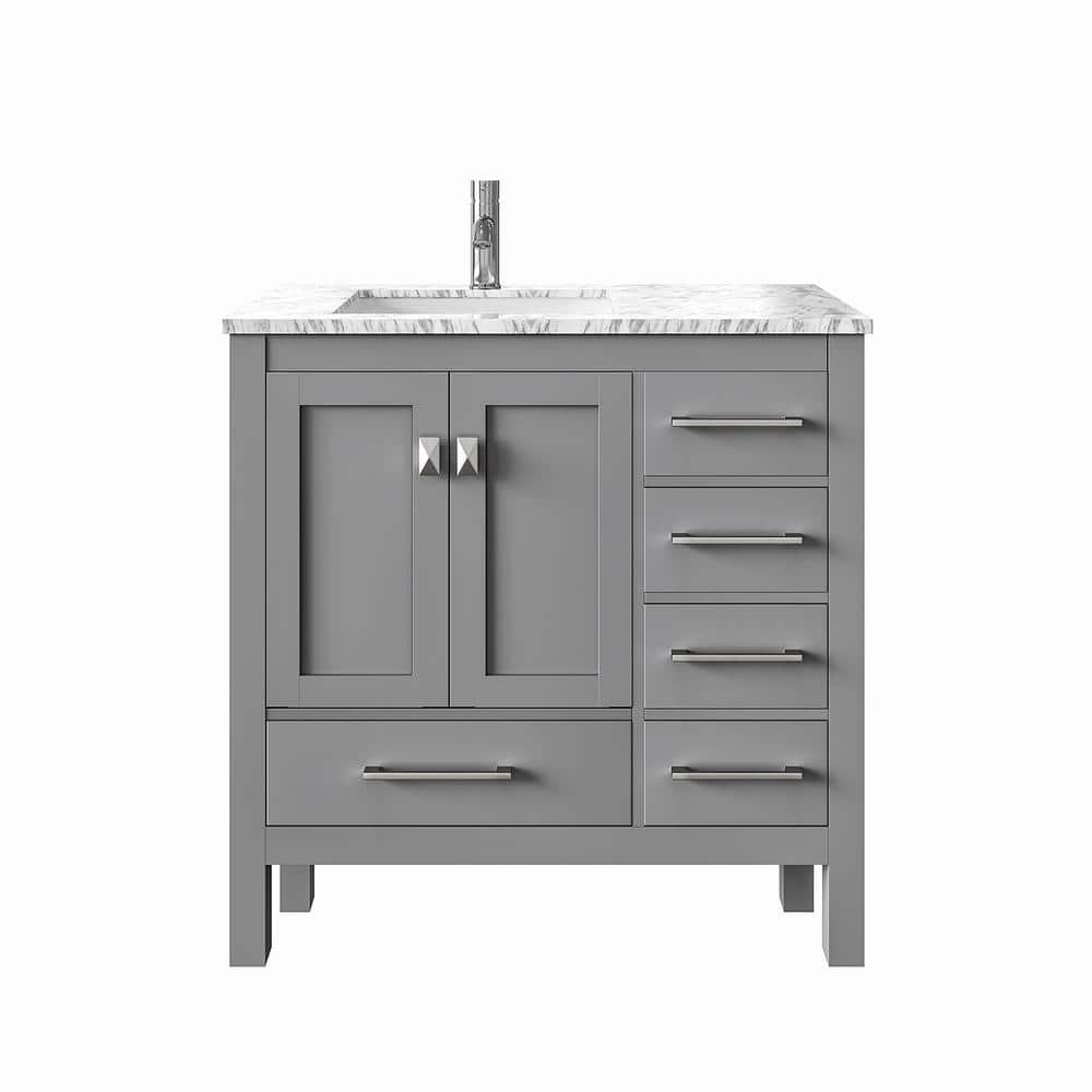 Eviva London 38 in. W x 18 in. D x 34 in. H Bathroom Vanity in Gray with White Carrara Marble Top and White Sink
